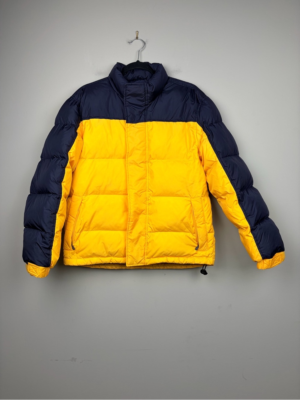 Eddie Bauer Goose Down Puffer Jacket Mens S Navy Yellow Colorblock Vintage Y2K